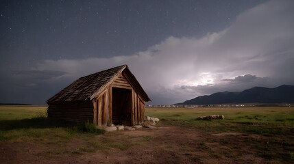 A rustic wooden shed stands in a field under a dramatic night sky with stars and distant lightning over mountains