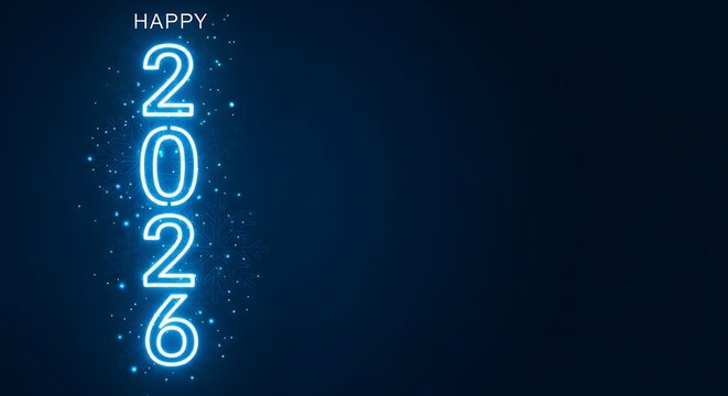 Vertical Neon 2026 Numbers with Snowflakes and Sparkles on Blue Background happy new year
