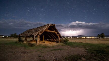 A rustic wooden barn sits under a starry night sky with distant lightning illuminating storm clouds over a rural landscape