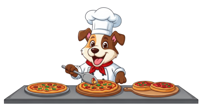 Cartoon dog chef cooking pizza on white background
