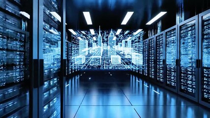 Futuristic data center with glowing servers and digital city display - Powered by Adobe