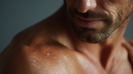 Man applying moisturizing cream to shoulder in a clean aesthetic setup with natural lighting and soft shadows