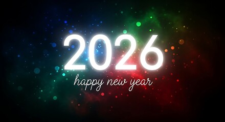 Happy New Year 2026 with Colorful Nebula and Bokeh Lights celebration holiday