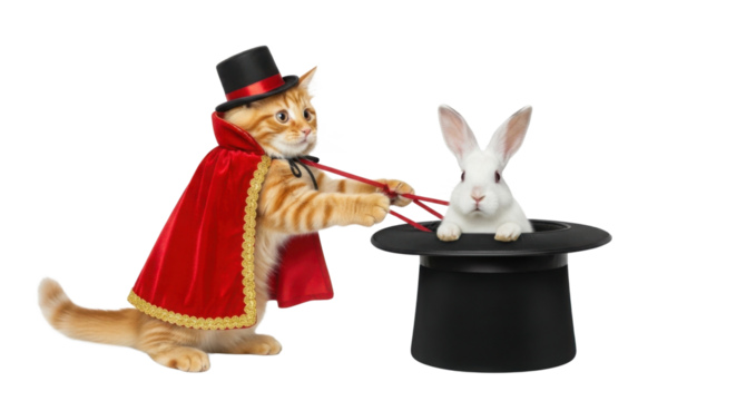 Cat magician with rabbit in hat isolated on white background