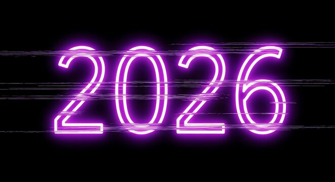 Purple Neon 2026 Numbers with Glitch Effect on Black digits