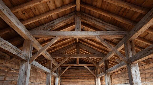 Rustic timber frame interior with exposed wooden beams and rafter construction - Powered by Adobe