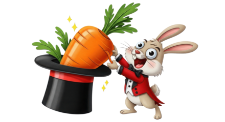 Cartoon rabbit magician pulls carrot from a magic hat isolated on white