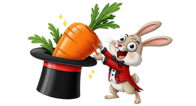 Cartoon rabbit magician pulls carrot from a magic hat isolated on white