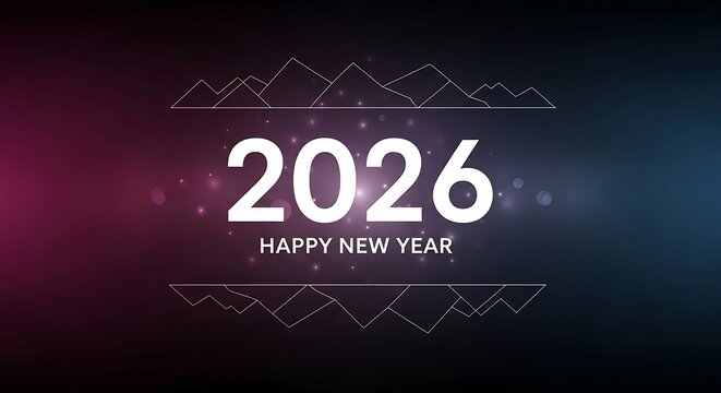 Happy New Year 2026 with geometric mountain design and gradient background celebration