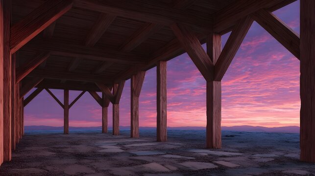 Rustic wooden structure against a vibrant pink and purple sunset over the ocean