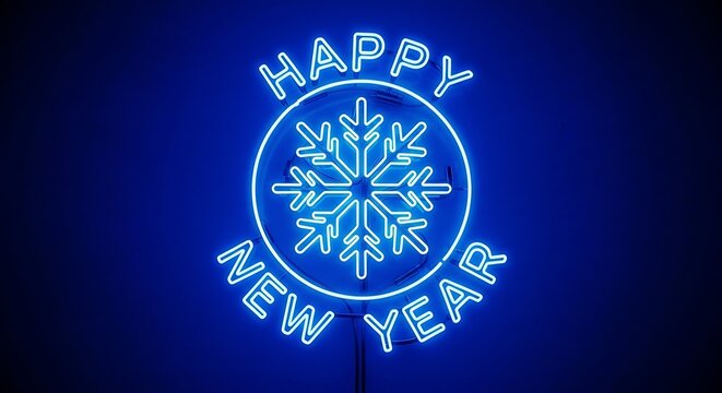 Happy New Year neon sign with snowflake on blue background image photo
