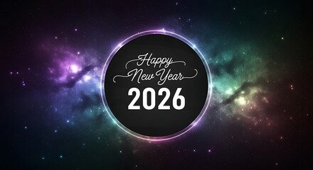 Happy New Year 2026 Greeting in Space Nebula Background celebration