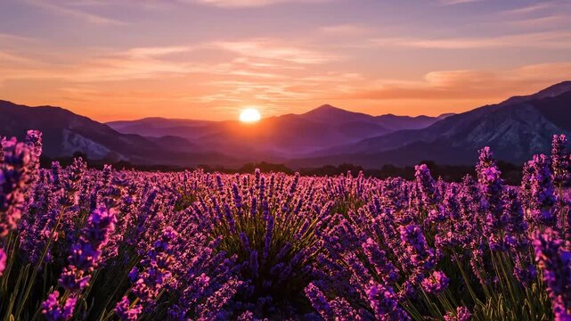 Lavender Field at Sunset - A picturesque landscape of a lavender field with the setting sun casting a warm glow over the mountains in the background.