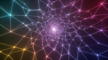 Abstract geometric network of glowing lines and nodes connecting in a tunnel of vibrant colors creating a sense of depth and digital connection - Powered by Adobe