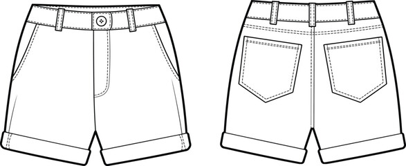 Shorts technical fashion sketch, front and back view, belt loops, patch pockets, rolled hems, cad drawing flat vector illustration