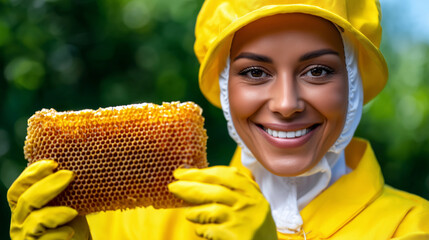 Professional Beekeeper Holding a Glowing Honeycomb in a Bright Outdoor Setting


