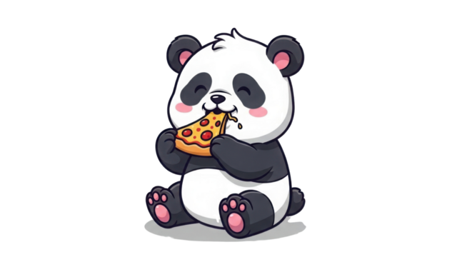 Cute cartoon panda bear enjoying a slice of pizza on white background