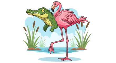Cartoon illustration of a flamingo carrying an alligator on its back