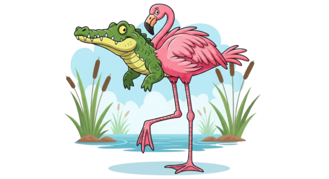 Cartoon illustration of a flamingo carrying an alligator on its back