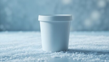 Fresh white ice cream cup mockup on sparkling snow, perfect for winter desserts or frozen yogurt promotions, capturing a cool, refreshing vibe
