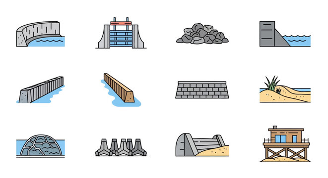Coastal Engineering and Flood Protection Structures Icon Set.
