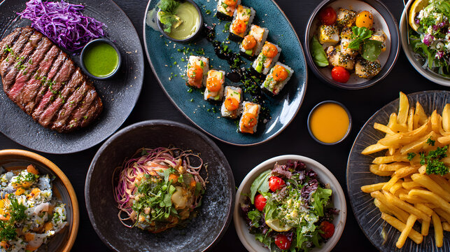 assorted gourmet dishes with steak sushi salad and sauces