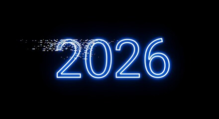 Glowing Blue Neon Year 2026 with Digital Glitch Effect on Black Background image