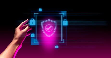hand of businessman interactive touching a holographic anti-virus security shield system network...