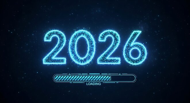 Glowing Blue 2026 with Loading Bar and Stars year numbers - Powered by Adobe