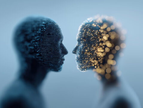 Contrasting silhouettes merge traditional lock symbolism with futuristic circuitry, stars symbolizing technological communion between minds.