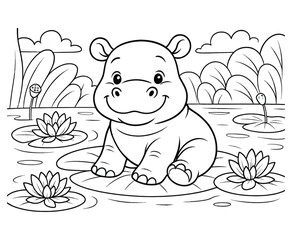 Adorable Hippo Sitting On Lily Pads In Pond Cartoon Vector Illustration