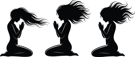 Silhouette illustration of three kneeling women praying with flowing hair, spiritual meditation posture, peaceful feminine mindfulness art for wellness and yoga themes