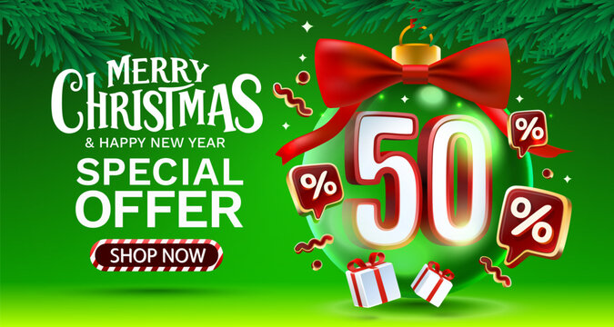 Merry Christmas and Happy New Year 50 percent sale banner.