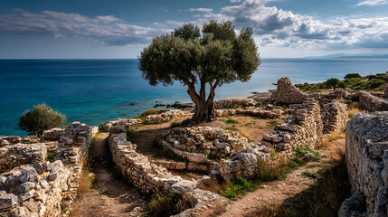 Ancient stone ruins with gnarled olive tree overlooking turquoise sea ancient ruins stone walls