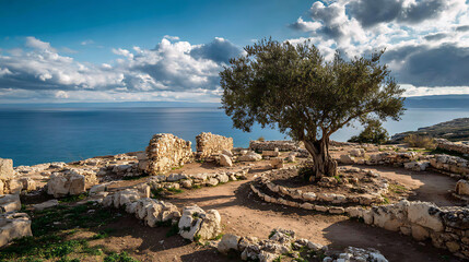 Ancient stone ruins with olive tree overlooking blue ocean under cloudy sky ancient ruins stone walls
