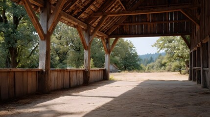 Rustic wooden barn interior with beams and open entrance revealing a sunlit field and distant hills