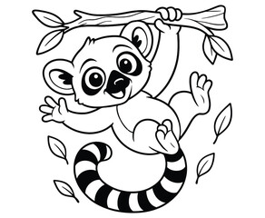 Cute Ring Tailed Lemur Hanging From Branch With Leaves Cartoon Illustration
