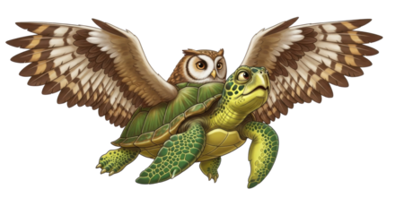 Fantasy illustration of an owl with wings riding a turtle on white background