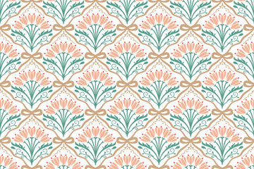 Floral pattern surrounded by ribbon seamless silhouette of hand drawn botanical flowers