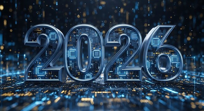 Futuristic 2026 Numbers with Circuit Board Technology Design future