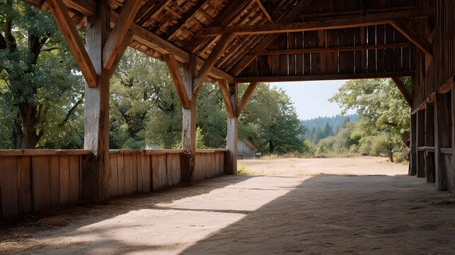 Rustic wooden barn interior with beams and open entrance revealing a sunlit field and distant hills - Powered by Adobe