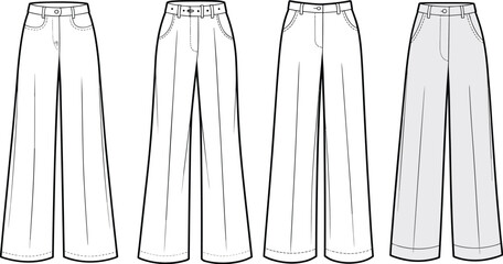Wide-leg pants fashion sketch, technical flat vector, garment design template, clothing construction drawing, CAD illustration front and back styles © Creative Asif