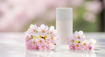 Cherry Blossom (Sakura) Extract Cosmetic Product - White Bottle with Pink Flowers for Spring Skincare Concept