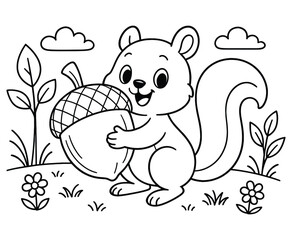 Cute squirrel holding acorn on field with grass and flowers coloring page vector
