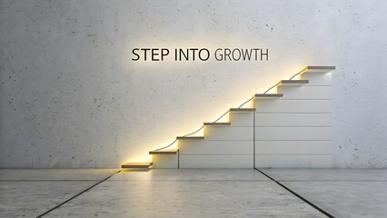 Staircase ascending with glowing light and the words Step Into Growth