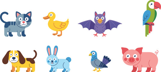 Cute Cartoon Animals Set Vector Illustration Collection Featuring Cat Dog Duck Pig Bat Parrot Rabbit and Pigeon