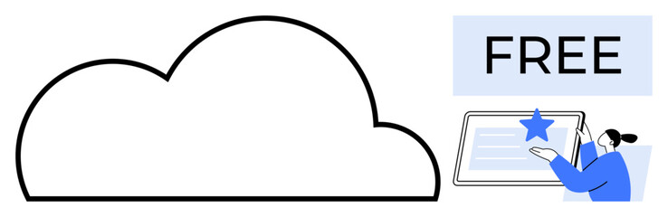 Cloud icon with FREE label, tablet screen with a star, person interacting. Ideal for technology, storage, digital service, data sharing, accessibility, free services simple flat metaphor