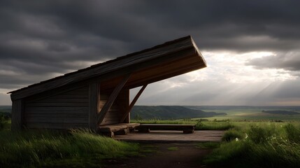 Rustic wooden shelter overlooks a scenic landscape under dramatic sunlit clouds