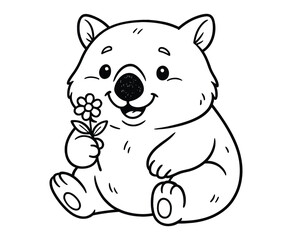 Smiling wombat holding flower with copy space in square frame white backdrop