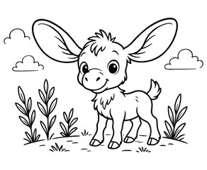 Cute donkey cartoon character standing in field with fluffy clouds and plants